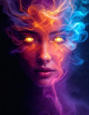The primary subject of the image is a woman with glowing eyes, which are the most prominent feature of the scene. The setting is a dark background, which contrasts with the woman's glowing eyes. The visual style is a digital art or illustration, as the woman's eyes are depicted with a vibrant and eye-catching color. The colors and mood of the image are predominantly dark and mysterious, with the woman's glowing eyes adding a touch of intrigue and allure.